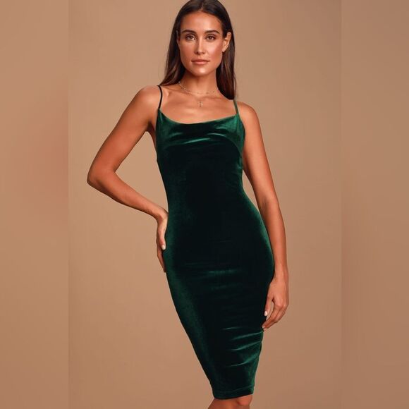Lulus Jazzy Belle Dark Green Velvet Dress size‎ L nwt - Picture 1 of 8